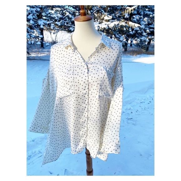 DH3 Button Down Cream Print Blouse Top 3/4 Sleeve Ditzy Floral Sz XL - Picture 7 of 13